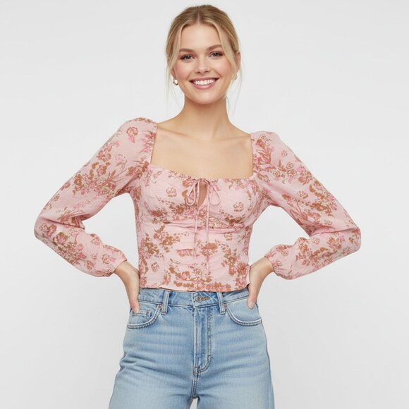 Free People Hilary Pink Floral Blouse Tie Neck Boho Prairie Top Keyhole Bust - Picture 11 of 11